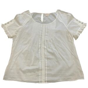 Sundance white cotton pintuck lace detail ruffle short sleeves shell button top